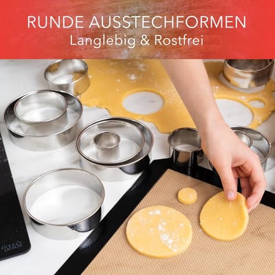 Famanu - Roestvrij stalen uitsteekvormen, 12 stuks, ringen, koekjesvormen, uitsnijset, voedselringen, koekjes, koekjes, ronde koekjes, uitsteekvormpjes met opbergdoos