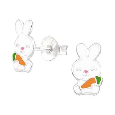 Zilveren konijn met wortel kinderoorknopjes | vrolijk konijntje met kristalletjes kinderoorbellen | Funny rabbit oorbellen Meisje Zilver | Zilverana | Sterling 925 Silver