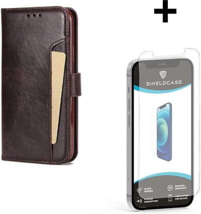ShieldCase telefoonhoesje geschikt voor Apple iPhone 12 / 12 Pro - 6.1 inch Extra space book case - hoesje met ruimte voor pasjes - leer - bruin + glazen Screen Protector