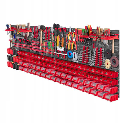 KADAX Gereedschapswandrek, groot, 232 x 78 cm, opslagsysteem van robuust kunststof, uv-bestendig modulesysteem, uitbreidbare wandplaten, werkplaatsrek voor garage (rood, 176 stuks)