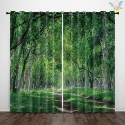 2 stuks gordijnen met groen bosboom patroonprint, natuurlandschap decoratie slaapkamer woonkamer 140x160cm&Grommet Top green