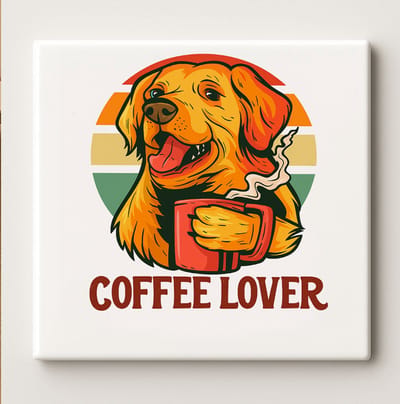 Coffee Lover Keramische Tegel 15x15 cm – Schattig Golden Retriever Ontwerp – Perfect Cadeau voor Honden- en Koffieliefhebbers – Keuken of Wanddecoratie