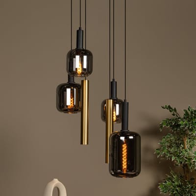 Lucide Hanglamp Joanet, Ø 65 cm, rook/messing glas/metaal 6-lamps.