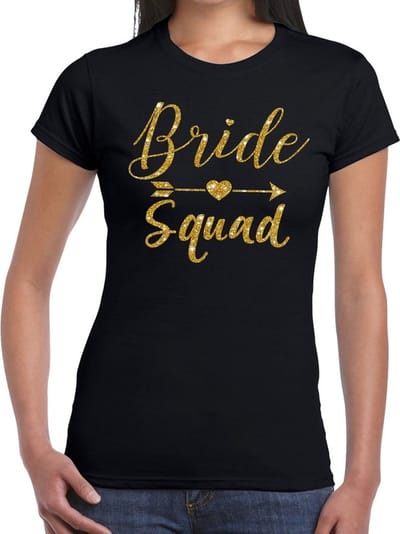 Bride Squad Cupido goud glitter tekst t-shirt zwart dames - dames shirt Bride Squad- Vrijgezellenfeest kleding XS