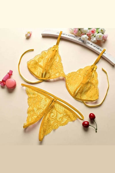 La Nuita Gele Kanten Bh Set Dames - Open Bralette met Strappy Bandjes en String - Sexy Tweedelige Lingerie (S t/m XL)