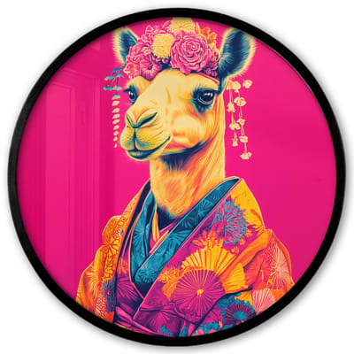 Poster in lijst Rond - Fotolijst 40x40 cm - Posters - Kameel - Bloemen - Kimono - Waaiers - Ronde posterlijst zwart - Decoratie - Wanddecoratie woonkamer - Muurdecoratie slaapkamer
