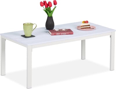 Tuintafel laag - 39 x 98 x 48 cm - weerbestendig - houtlook - metalen poten - wit