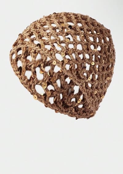 Bruine crochet muts met pailletten - Gehaakte toque met kralen - pailletten muts- gehaakte toque - gehaakt mutsje - muts - hoedje - hoed - bandana met print - pailletten mutsje - gebreide muts - crochet muts - dameshoedje - hoedje -