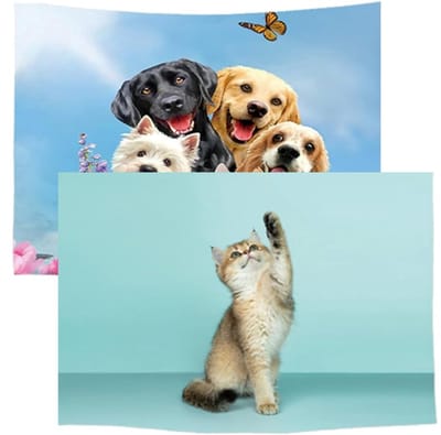 Ulticool – Wandkleed - Hond Dieren Honden Kat Poes Huisdier – Set van 2 designs - 73 x 95 cm – Wandtapijt Stof – Poster Art – Decoratie - voor Binnen - Blauw Wit
