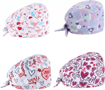 Kleurige Puffante Scrub Hoed voor Vrouwen en Mannen - 4 Stuks, Verstelbare Haarbedekking met Knoppen en Katoenen Zweetband, Ideaal voor Medisch Personeel