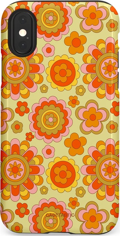 Casetastic Hoesje Geschikt voor Apple iPhone X/Xs - Stijlvolle Beschermende Duo-layer Case - Retro Oranje Bloemen