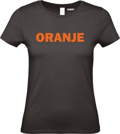 Dames t-shirt Oranje Tekst | Koningsdag kleding | Oranje Shirt | Zwart Dames | maat XS