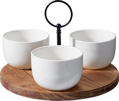 Cookinglife Serveerset 4-delig - Tapasset - Acaciahout & Porselein - Bruin/Wit - Porseleinen Schaaltjes Vaatwasserbestendig, Ø 19 cm, 3x Ø 8 cm