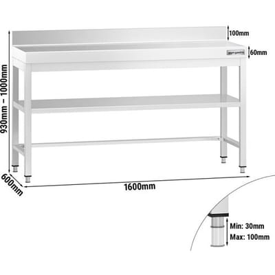 GGM Gastro Edelstahl Arbeitstisch PREMIUM - 1600x600mm - mit Grundboden, Aufkantung & Verstrebung Zilver