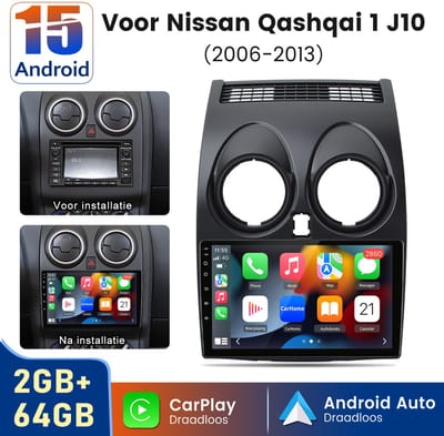 HexinexMarket Quad-Core Android 15 autoradio Geschikt voor Nissan QASHQAI J10 (2006-2013) - Draadloos CarPlay, Android Auto, multimediaspeler, 2GB+64GB