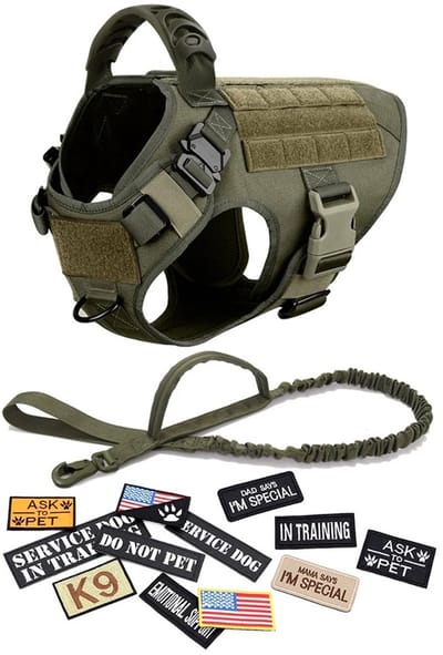 DreamPawz - Hondenharnas Set - Tactical Honden Tuigje met Leiband & 12 Patches - K9 - Groen - Anti-Trek Harnas - Extra Controle - S