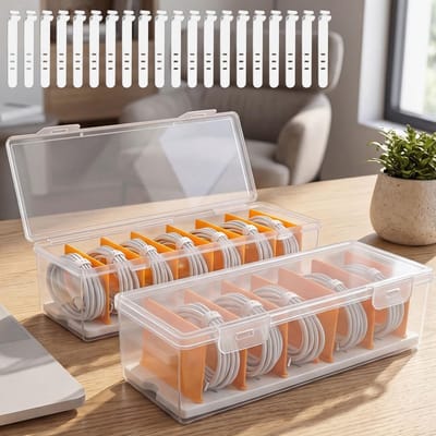 Kabelopbergdozen met deksel - Transparante kabelorganizer voor kabelsorteren en kabelmanagement met 7 verstelbare vakken en 20 kabelbinders voor thuis en kantoorgebruik
