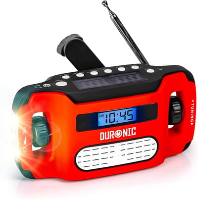 AM/FM Radio - LED Zaklamp met Zonne-energie - Oplaadbaar via USB - Handslinger - Verlicht USB Scherm - Koptelefoon Jack - Zaklantaarn - Compact en Draagbaar - Noodradio voor Buitenactiviteiten zoals Kamperen, Hiken en Vissen