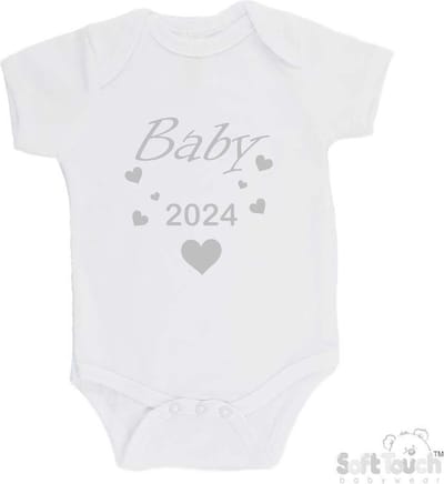 100% katoenen Romper "Baby 2024" Unisex Katoen Wit/zilver (Shiny) Maat 62/68