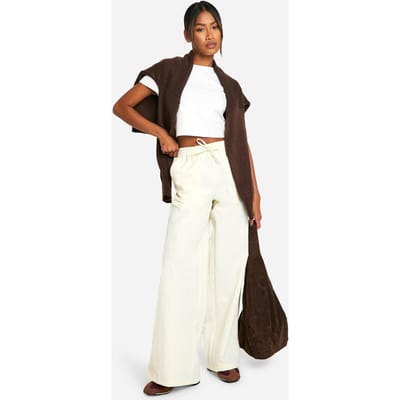 boohoo Dames Nylon cargobroek met rechte pijpen en verstelbare trekkoord taille | Butter | Maat: 10