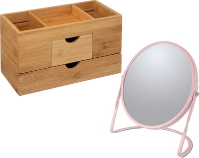 5Five Make-up organizer en spiegel set - lades/vakjes - bamboe/metaal - 5x zoom spiegel - roze/bruin