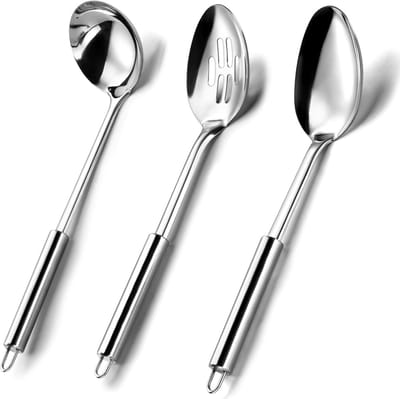 Feestmaaltijd bestekset, set van drie zilverkleurige roestvrijstalen bestekstukken, inclusief 1 serveerlepel, 1 gleuflepel en 1 soeplepel, lepel voor buffet