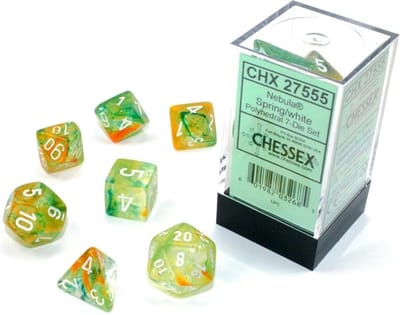 Chessex Nevel Lente/wit Lichtgevende Polydice Dobbelsteen Set (7 stuks)