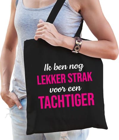 Ik ben nog lekker strak voor een tachtiger cadeau tas zwart voor dames - 80 jaar verjaardag kado tas / shopper