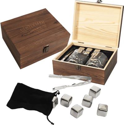 Luxe Whiskey Cadeauset - 21 x 9 x 18 cm - De Ultieme Geschenkset voor de Echte Whiskey Liefhebber - Whiskey Stones, Glazen en Tang - Houten Cadeau Kist - Bruin