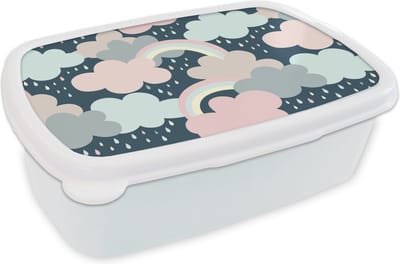 Broodtrommel Wit - Lunchbox - Brooddoos - Regenboog - Wolk - Regen - Kinderen - Patronen - 18x12x6 cm - Volwassenen
