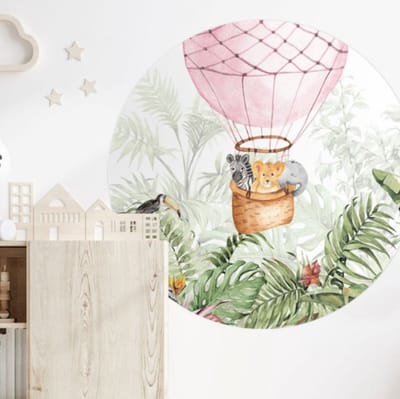 Behangcirkel 60cm Babydiertjes in luchtballon roze - Wallz