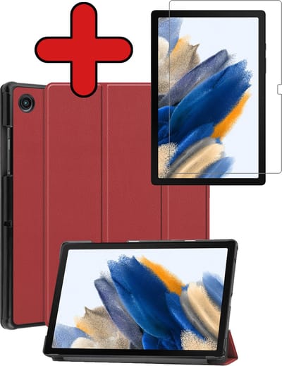 Hoesje - Geschikt voor Samsung Galaxy Tab A8 - Met Screenprotector - Hardcover Book Case - Trifold Bookcase Hoes - Hard Cover - Tablethoes - Donkerrood