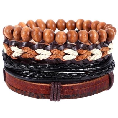 Fako Bijoux® - Leren Armband - Leder - Set Luciano - 4 Stuks - Bruin/Zwart