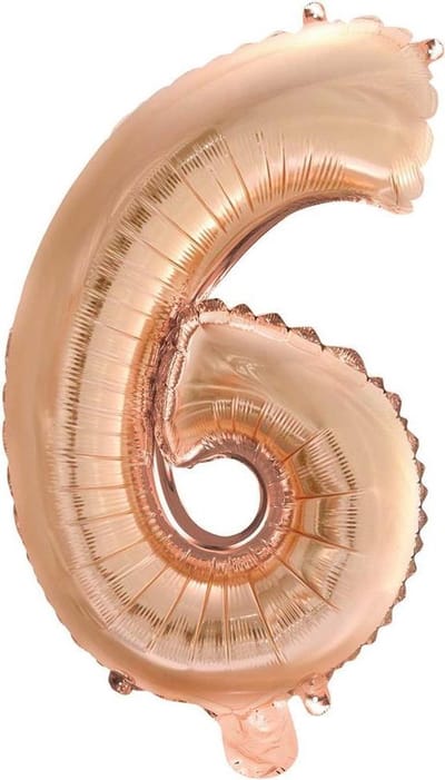Folie Ballon Cijfer 6 Rosé Goud 41 cm met rietje