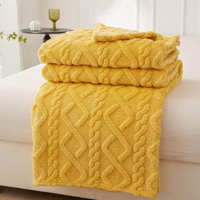 Famanu - Wollige Knuffeldeken 200 x 230 cm - Geel - Zachte Warme Fleece Plaid voor Bank & Woonkamer