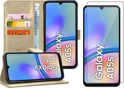 Hoesje geschikt voor Samsung Galaxy A05s - Screenprotector Glas - Portemonnee Book Case Goud
