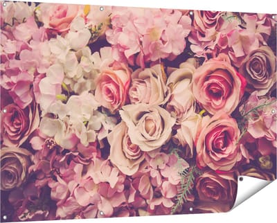 Gards Tuinposter Roze Rozen Achtergrond - Retro - Bloemen - 150x100 cm - Tuindoek - Tuindecoratie - Wanddecoratie buiten - Tuinschilderij