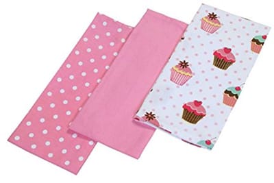 Katoenen Theedoeken Set 3-delig met Cupcakes Motief - Roze Wit, 50 x 70 cm