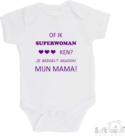 100% katoenen Romper "Of ik superwoman ken Je bedoelt gewoon mijn MAMA" Meisjes Katoen Wit/paars Maat 56/62