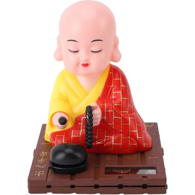 Jouet Solaire Petit Moine Rouge Attirant la Richesse Secouant la Tête Tapant sur un Tambour en Bois Figurine Petit Moine beige