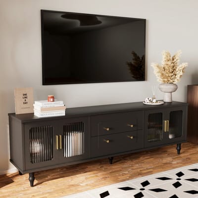 MODENUIT Tv-Meubel - Met Geribbeld Glazen Deuren En Laden - Voor Woonkamer - Spaanplaat Zwart - 177x38x55,5 Cm