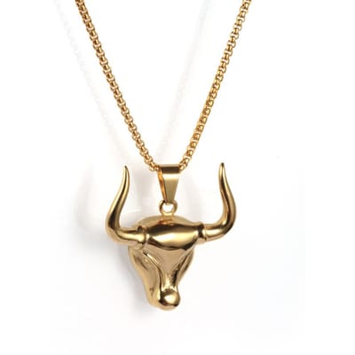 Nieuwe Europese en Amerikaanse roestvrijstalen modieuze herenketting met stierenhoornhanger en dierenmotief. beige