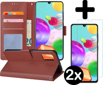 Hoesje - Met 2x Screenprotector - Geschikt voor Samsung Galaxy A41 - Luxe Pasjeshouder - Flip Case - Bookcase Portemonee - Kunstleer Book Case - Flipcase Hoes - Book Cover - Walletcase - Portemonneehoes - Telefoonhoes - Bruin