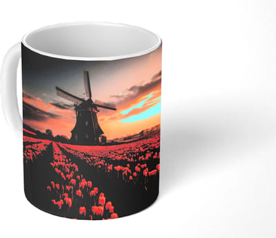 Mok - Koffiemok - Molen - Zonsondergang - Tulpen - Rood - Mokken - 350 ML - Beker - Koffiemokken - Theemok