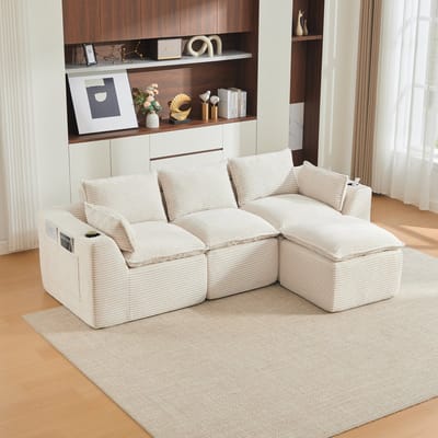 MIVRAY Hoekbank 256 x 161 cm - Modulaire 3-Zits Met Hocker En Zijvakken - Voor Woonkamer En Logeerkamer - Cord Beige