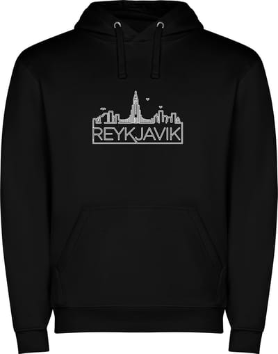 Zwarte unisex hoodie met “ Skyline Reykjavik – Vakantiegevoel – Strak – Modern “ Print Full Color Color merk Roly maat S