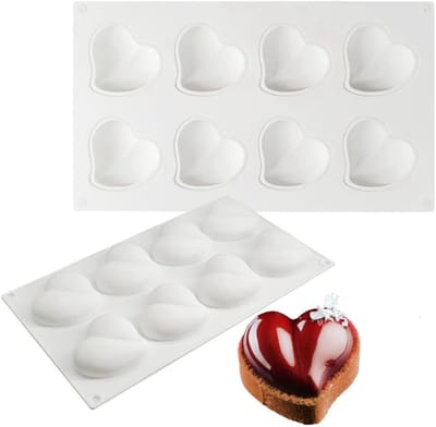 Siliconen Bakvorm - BPA-vrij - Hartvormig - met 8 holtes - Herbruikbaar - 29.2x17x2.5cm - Bakaccessoire - voor zonnebloemtaartjes, ijs, chocolade, zeep en 3D-muffins - wit