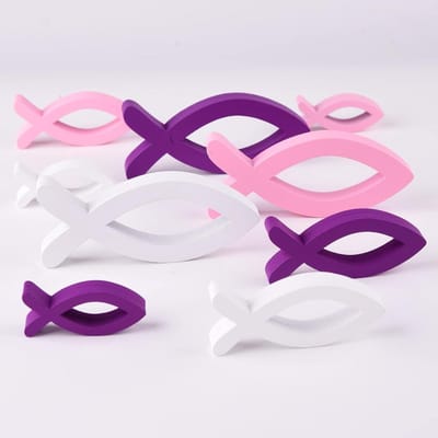 Set van 9 Houten Vissen Decoraties voor Tafelversiering bij Doop, Communie en Bevestiging voor Meisjes (Roze, Paars, Wit)