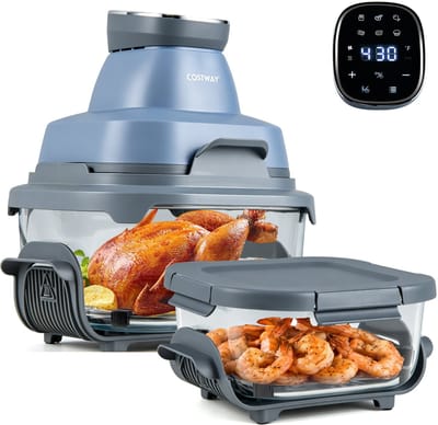COSTWAY Draagbare Air Fryer heteluchtfriteuse 4 l/1,7 l, 6-in-1 Airfryer 1500 W heteluchtfriteuse en bakken, heteluchtfriteuse met 2 uitneembare glazen containers en deksel, voor camping, thuis (blauw)