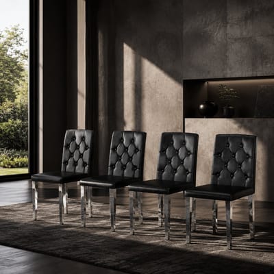 Eetkamerstoelen Set Van 4 - Eetkamerstoel - Eetkamerstoelen - Ergonomisch - Gewatteerde zitting - PU - Metalen stoelpoten - Modern Design - Zwart, zilver